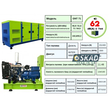 Генератор дизельний 56,8 кВт GenPower GNT 71 Туреччина GNT 71-1
