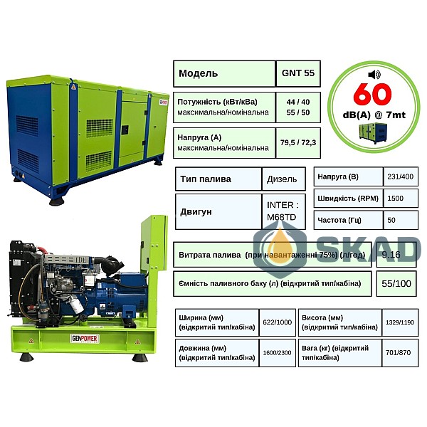 Генератор дизельний 35,2 кВт GenPower GNT 44 Турция GNT 44