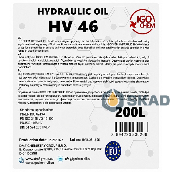 IGOCHEM HYDRAULIC OIL HV 46, 200L igm-46200